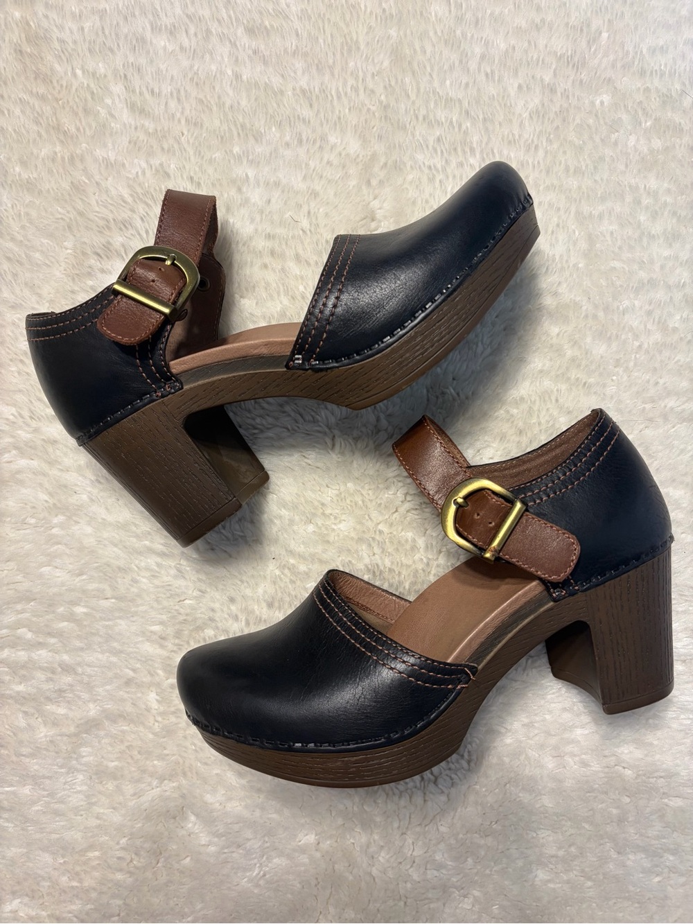 Dansko Darlene Mary Jane black and brown leather chunky wood-look clog